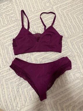 Adore Me Ribbed Lace Bralette & Bikini Set - Plum